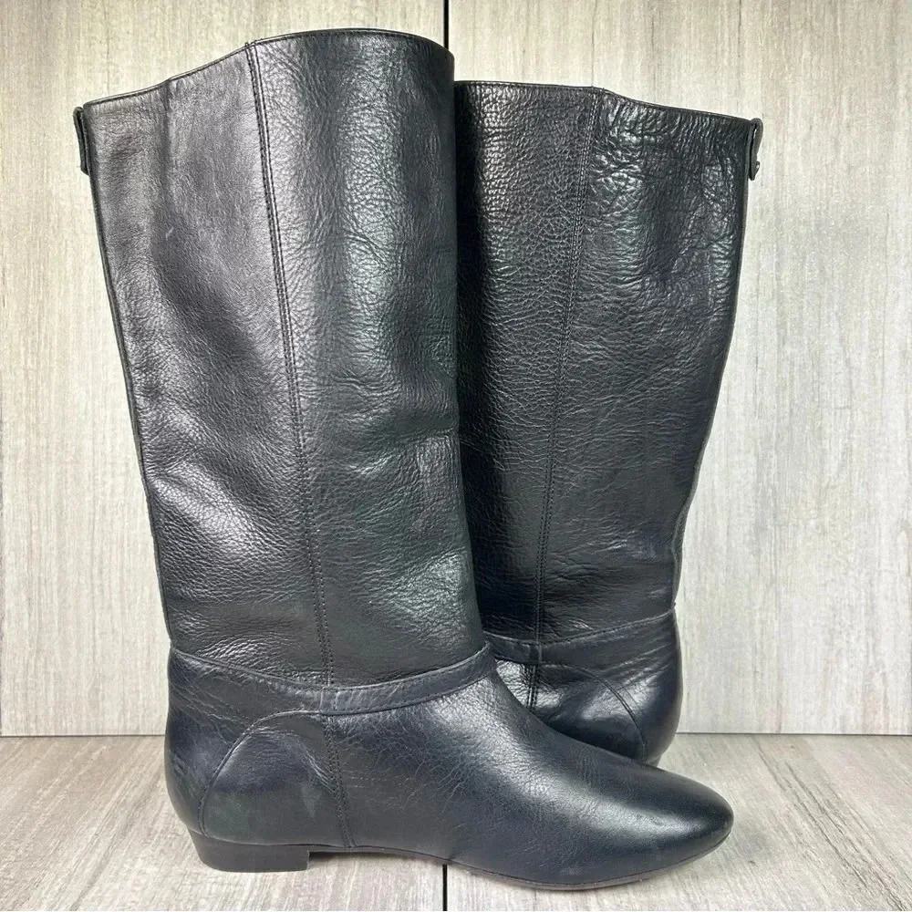 Frye Bonnie Black Leather Low Heel Flat Mid Calf‎ Tall Ring Boots Women’s Size 6